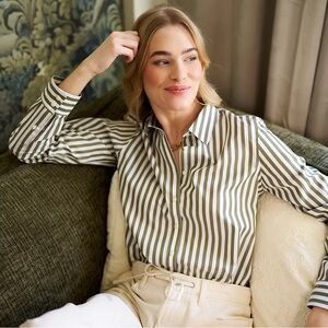 Lands' End Black and White Vertical Stripe Button-Down Shirt